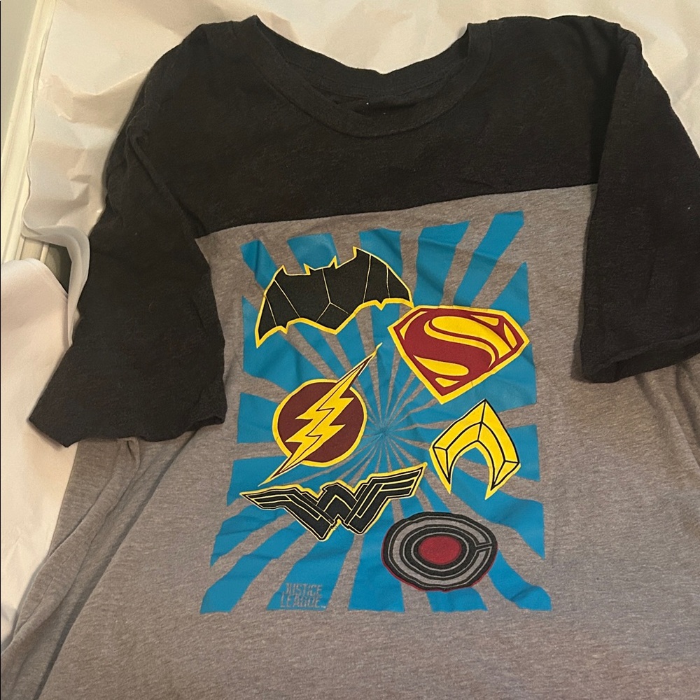 DC Comics Adult Justice League Superhero Emblem T-Shirt - Black and Gray